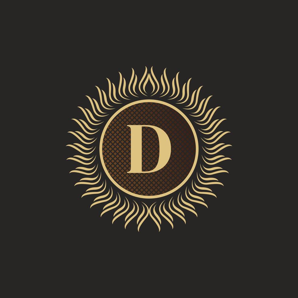 Emblem Letter D Gold Monogram Design. Luxury Volumetric Logo Template. 3D Line Ornament for Business Sign, Badge, Crest, Label, Boutique Brand, Hotel, Restaurant, Heraldic. Vector Illustration