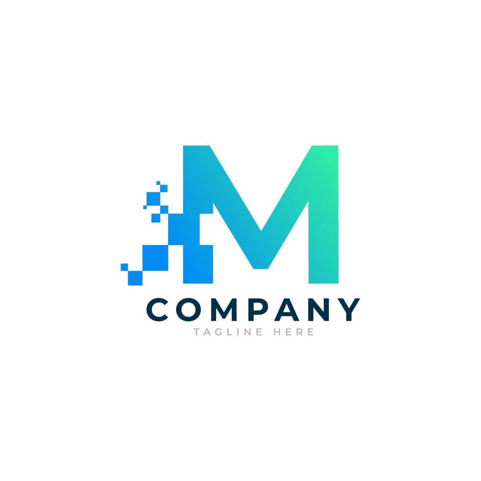 Tech Letter M Logo. Blue and Green Geometric Shape with Square Pixel Dots. Usable for Business and Technology Logos. Design Ideas Template Element. vector