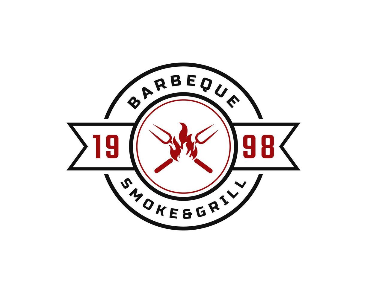 Classic Vintage Retro Label Badge for Grill Barbeque Barbecue BBQ with Crossed Fork and Fire Flame Logo Design Inspiration vector