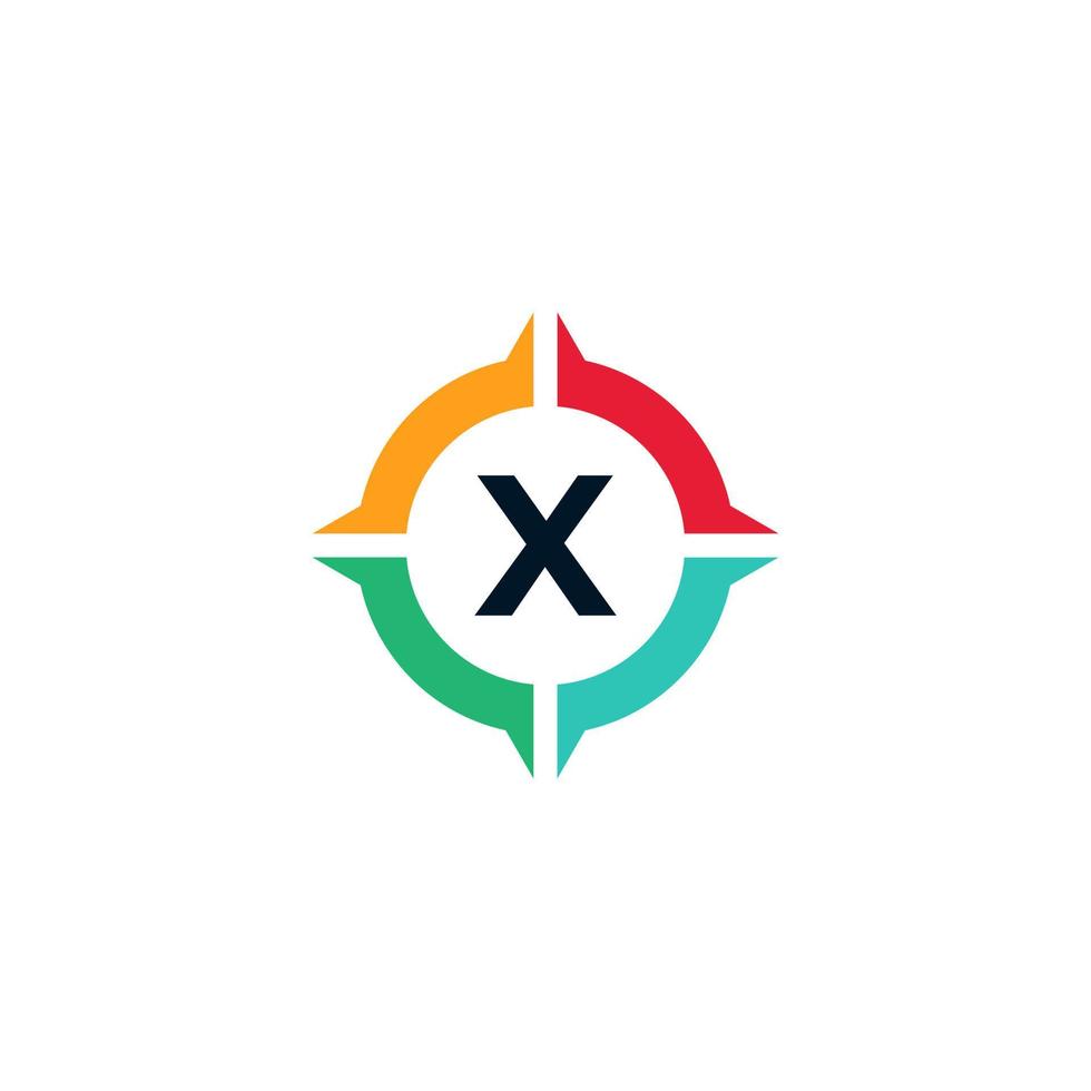 letra colorida x dentro del elemento de plantilla de diseño de logotipo de brújula vector