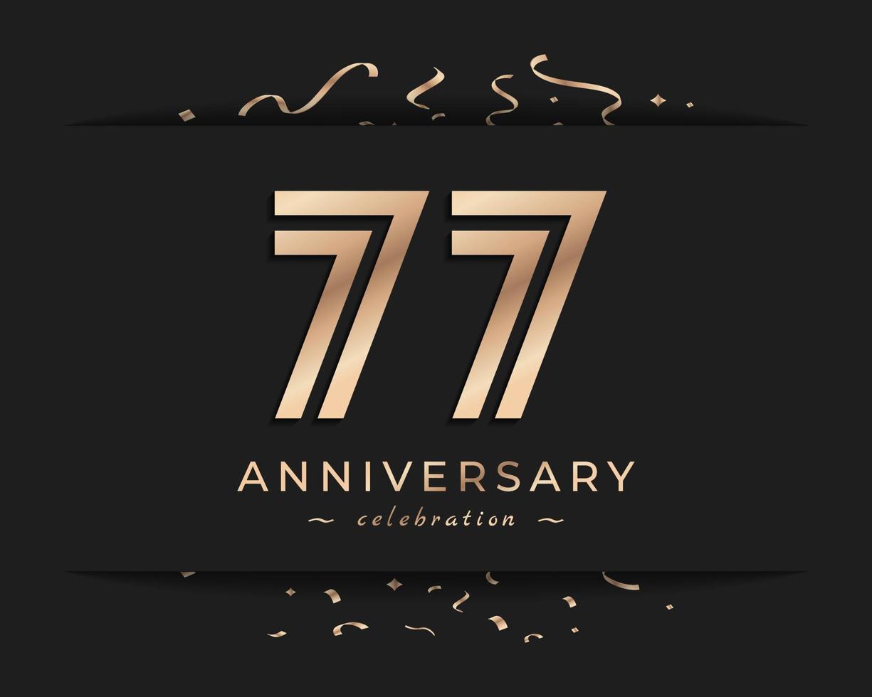 Diseño de estilo de logotipo de celebración de aniversario de 77 años. el saludo de feliz aniversario celebra el evento con múltiples líneas doradas y confeti aislado en la ilustración de diseño de fondo oscuro vector