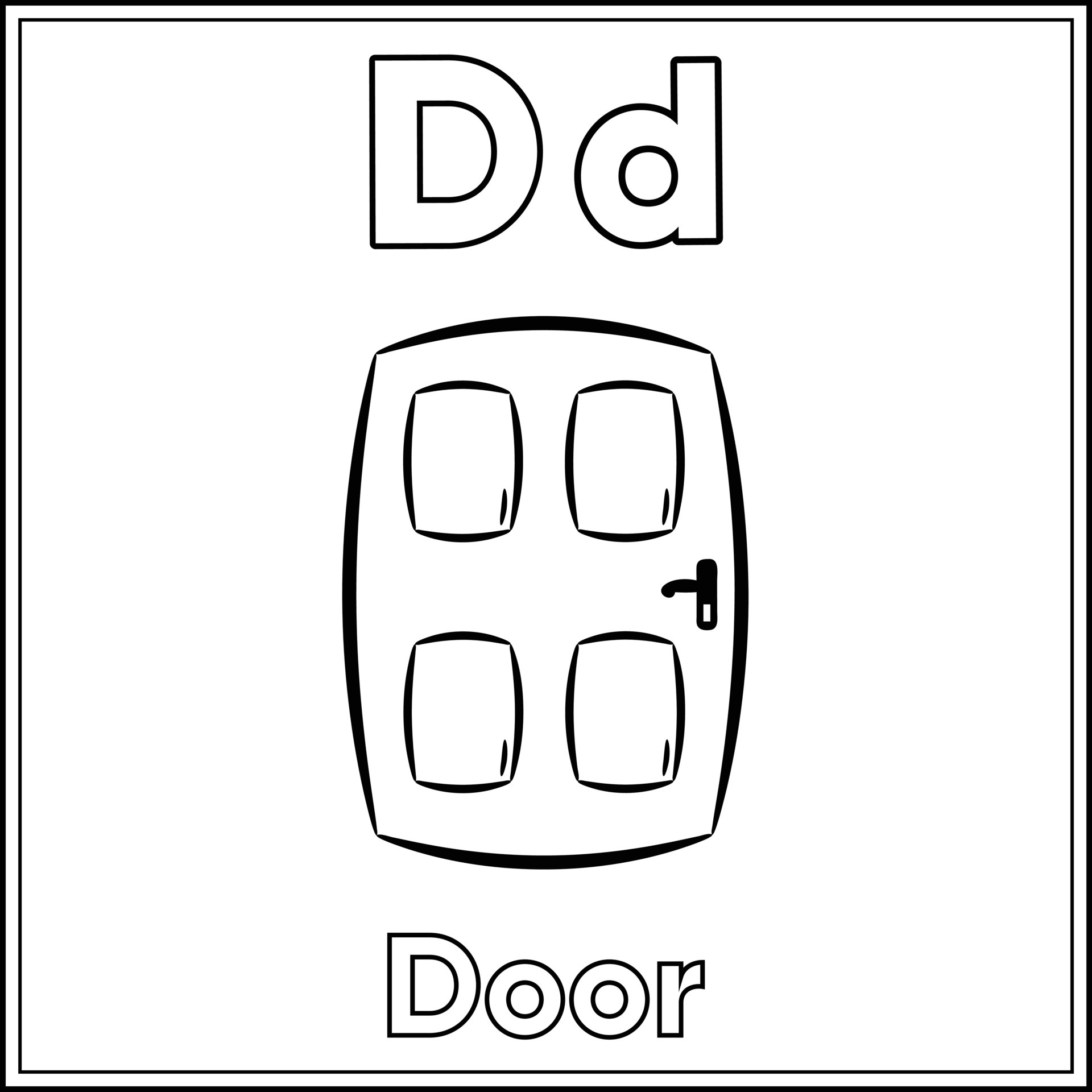 alfabeto flashcard letra d con linda puerta dibujo boceto para colorear