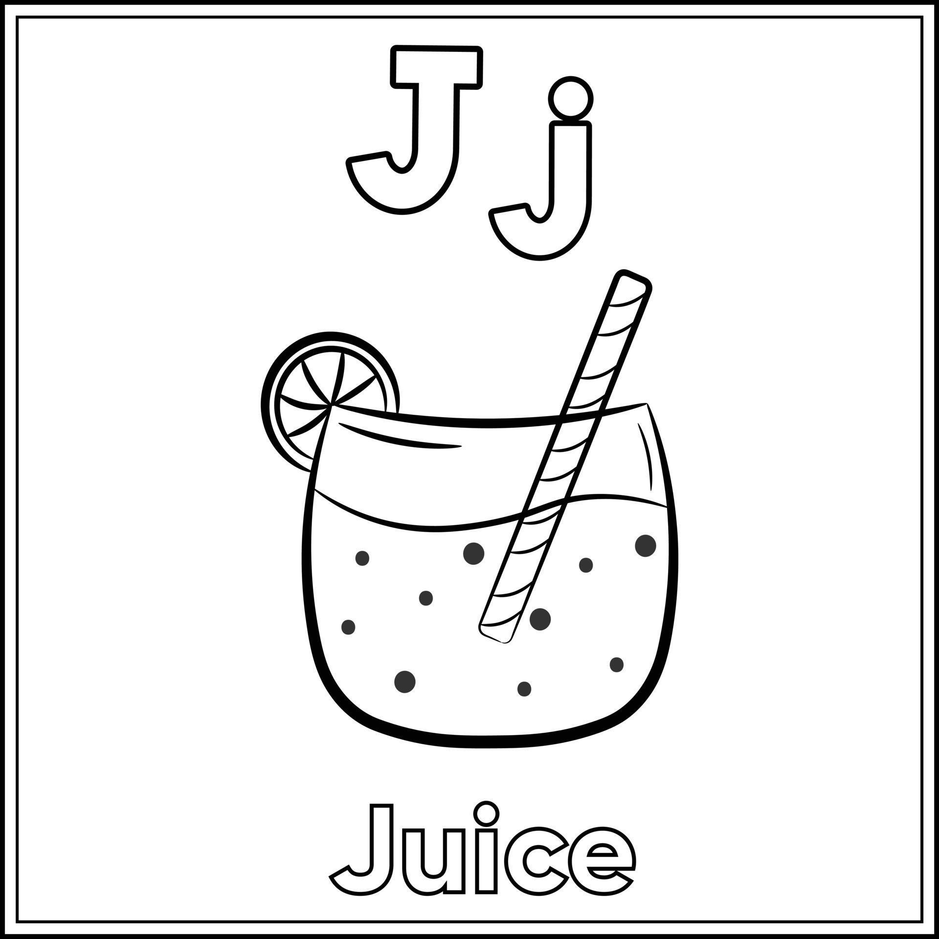 Alphabet flashcard letter J with cute juice drawing sketch for coloring