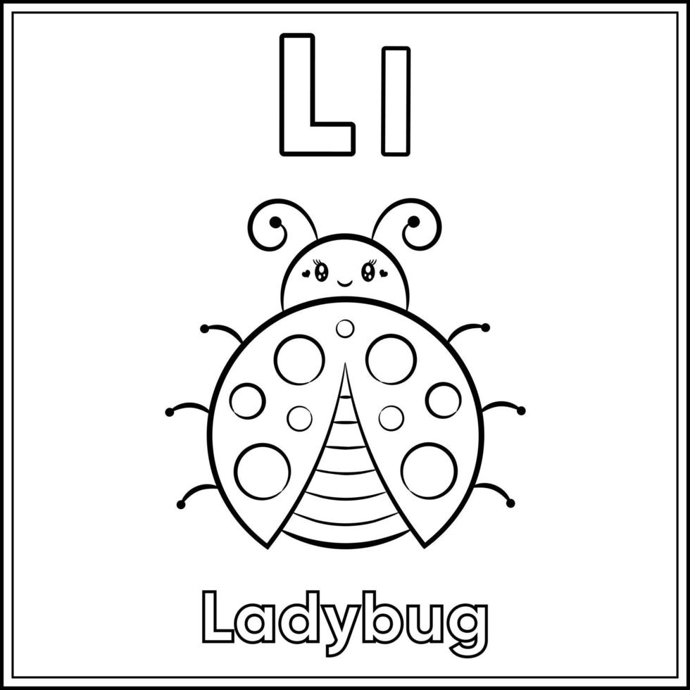 Alphabet flashcard letter L with cute ladybug drawing sketch for