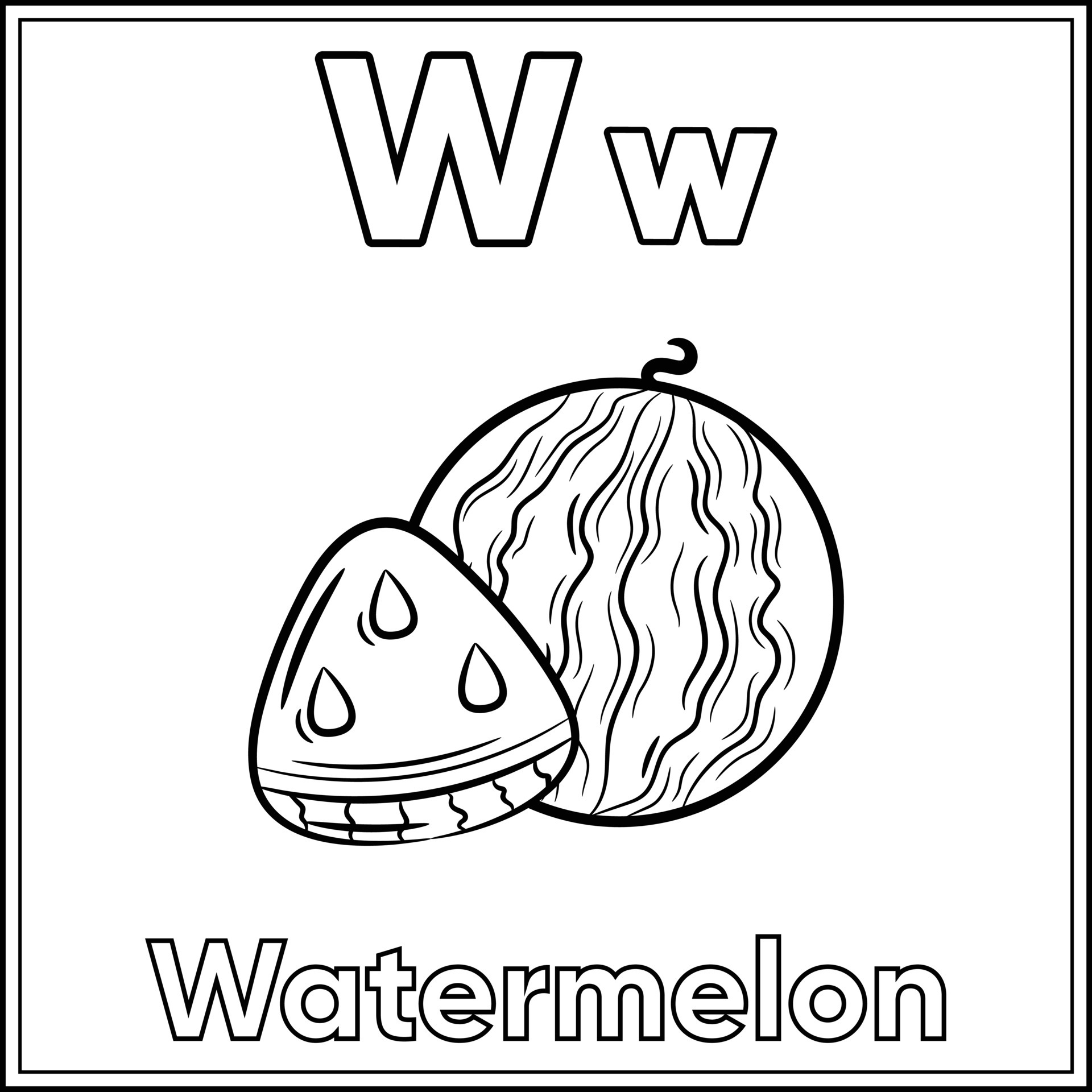 Alphabet Flashcard Letter W With Cute Watermelon Drawing Sketch For Coloring 6260060 Vector Art At Vecteezy
