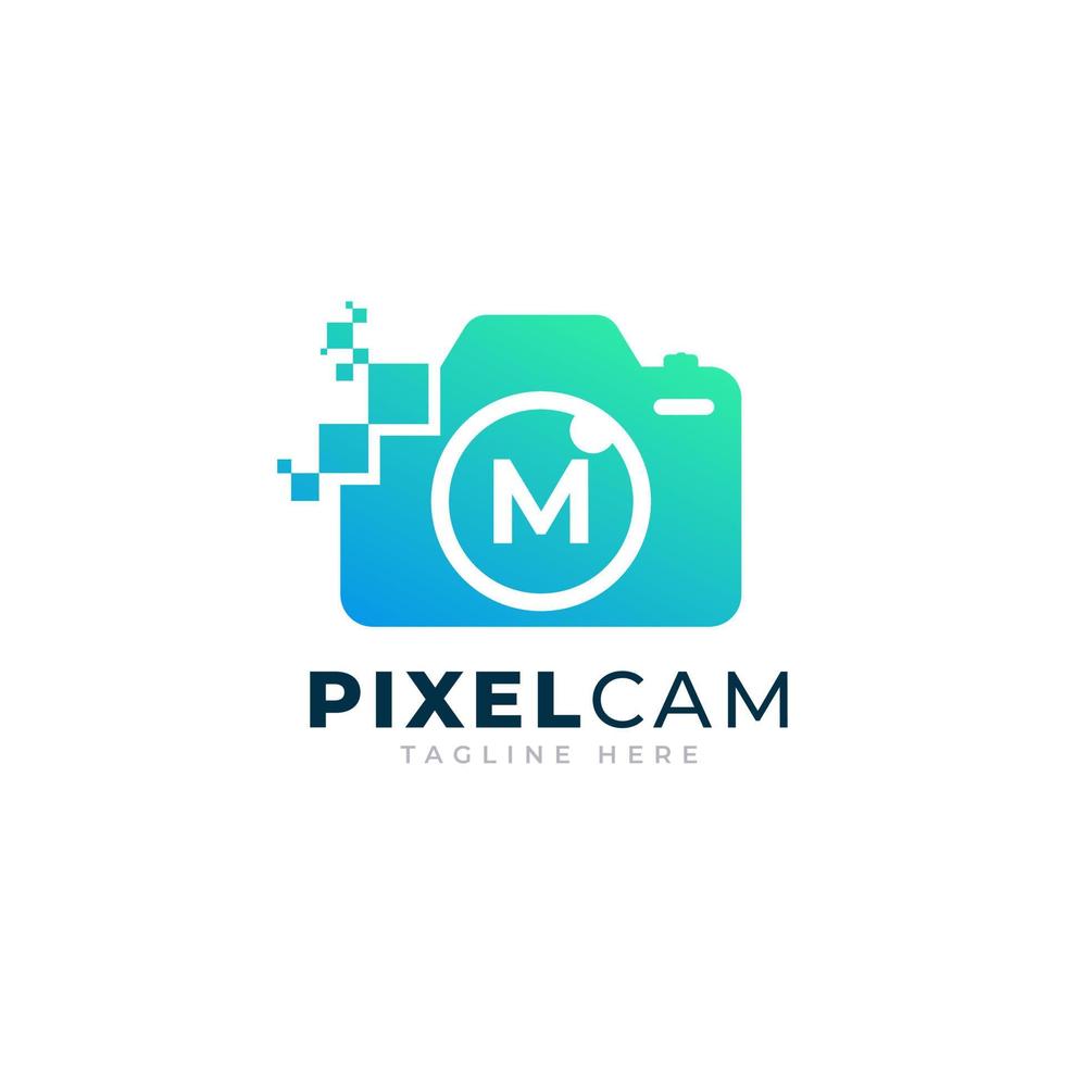 Letter M Inside Camera Photo Pixel Technology Logo Design Template vector