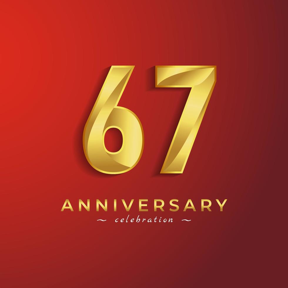 67 Year Anniversary Celebration with Golden Shiny Color for Celebration Event, Wedding, Greeting card, and Invitation Card Isolated on Red Background vector