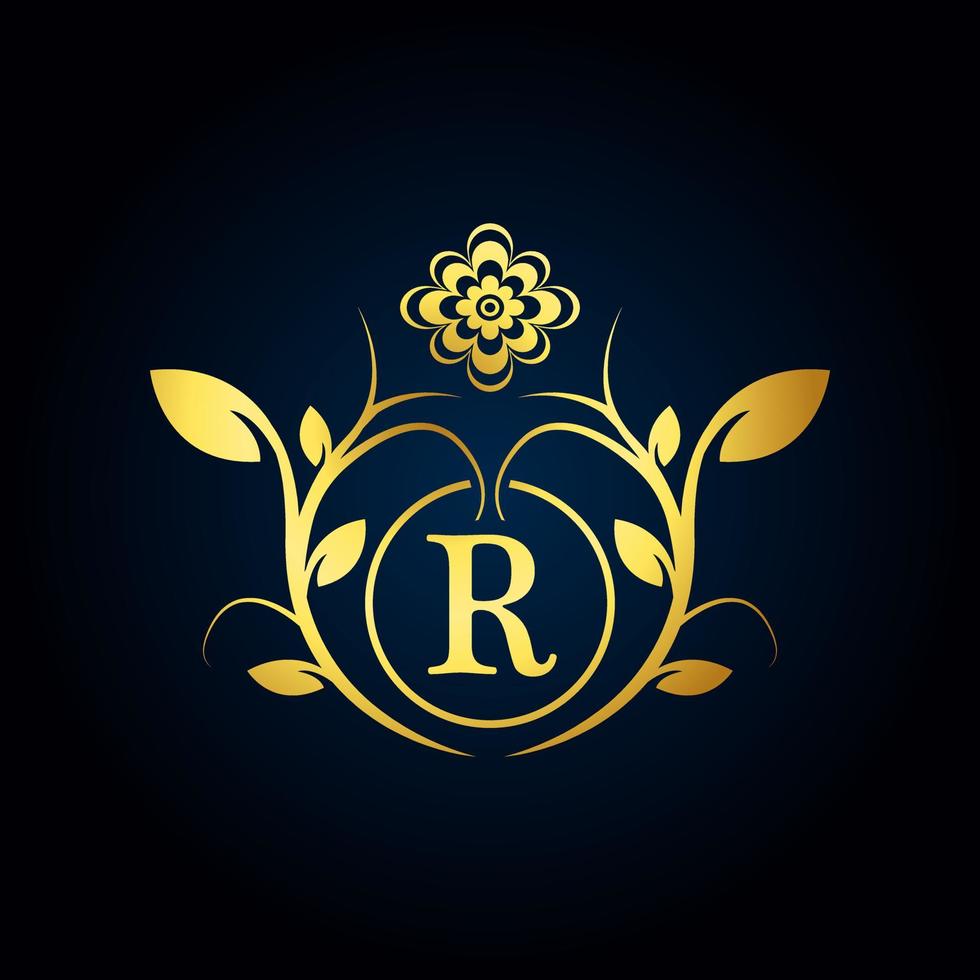 Elegant R Luxury Logo. Golden Floral Alphabet Logo with Flowers Leaves. Perfect for Fashion, Jewelry, Beauty Salon, Cosmetics, Spa, Boutique, Wedding, Letter Stamp, Hotel and Restaurant Logo. vector