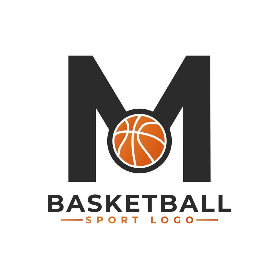 Letter M with Basket Ball Logo Design. Vector Design Template Elements for Sport Team or Corporate Identity.