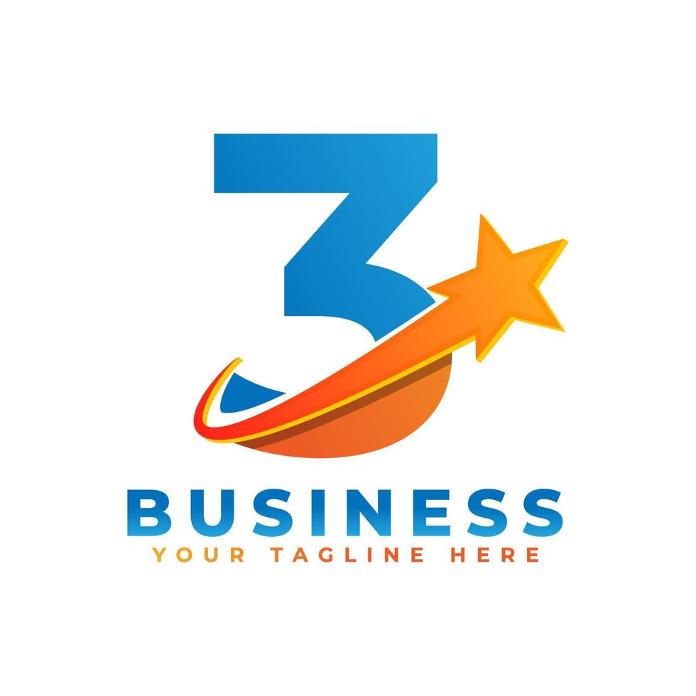 Number 3 with Star Swoosh Logo Design. Suitable for Start up, Logistic, Business Logo Template vector