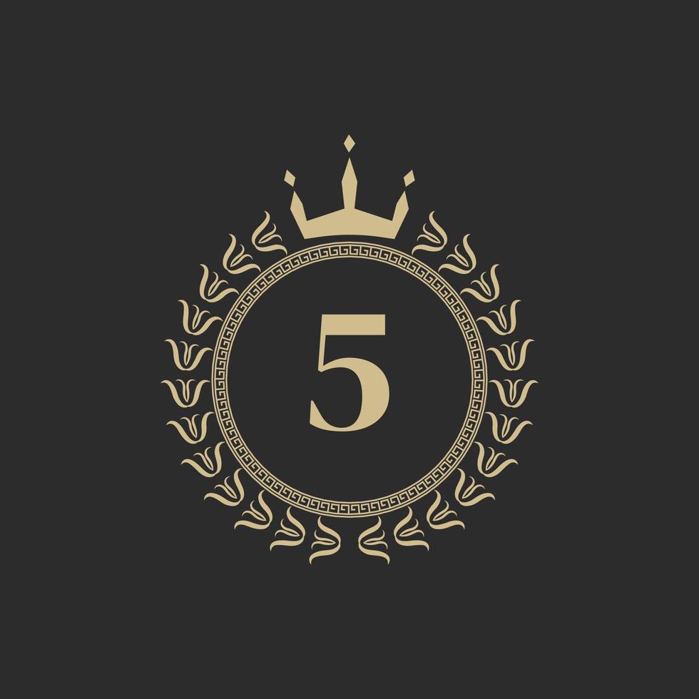 marco real heráldico número 5 con corona y corona de laurel. emblema clásico simple. composición redonda. estilo de gráficos elementos de arte para la ilustración de vector de diseño de logotipo