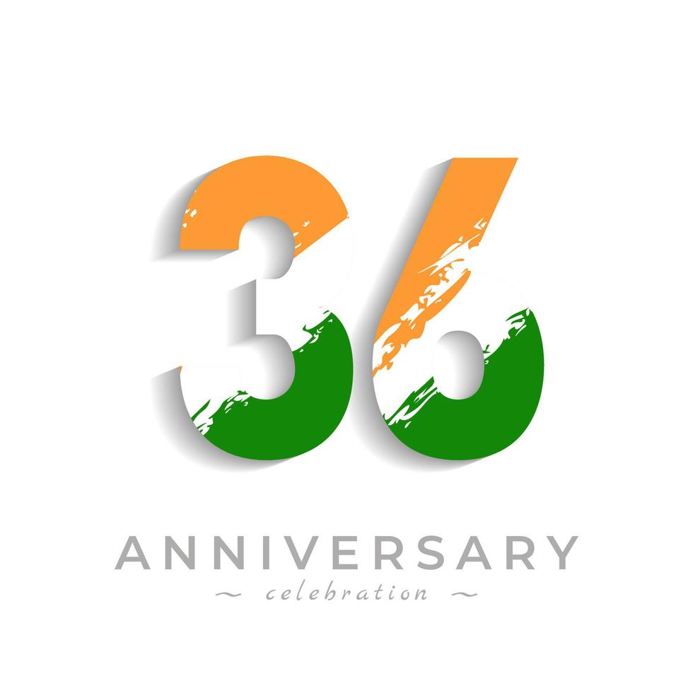 36 Year Anniversary Celebration with Brush White Slash in Yellow Saffron and Green Indian Flag Color. Happy Anniversary Greeting Celebrates Event Isolated on White Background vector