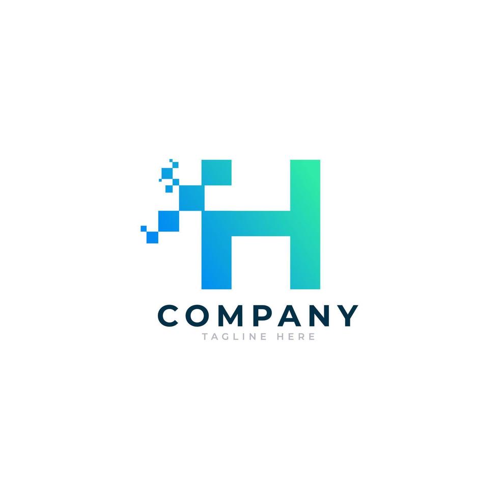 logotipo de la letra h de tecnología. forma geométrica azul y verde con puntos de píxeles cuadrados. utilizable para logotipos de negocios y tecnología. elemento de plantilla de ideas de diseño. vector