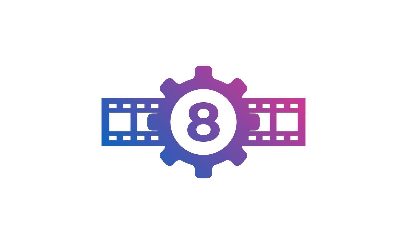 rueda dentada de engranaje número 8 con rayas de carrete tira de película para la inspiración del logotipo del estudio de producción de cine de cine vector