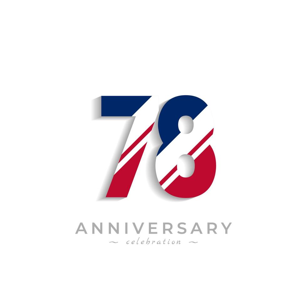 78 Year Anniversary Celebration with White Slash in Red and Blue American Flag Color. Happy Anniversary Greeting Celebrates Event Isolated on White Background vector