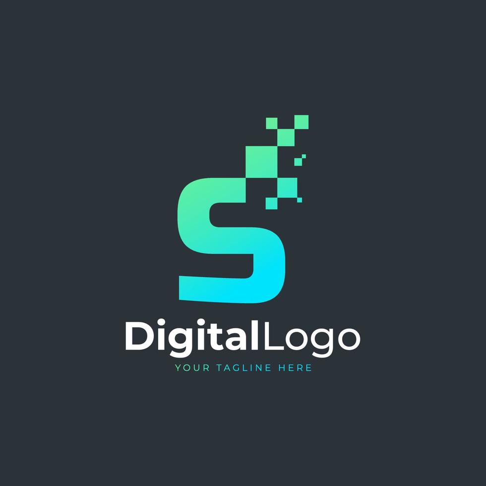 logotipo de la letra s de tecnología. forma geométrica azul y verde con puntos de píxeles cuadrados. utilizable para logotipos de negocios y tecnología. elemento de plantilla de ideas de diseño. vector