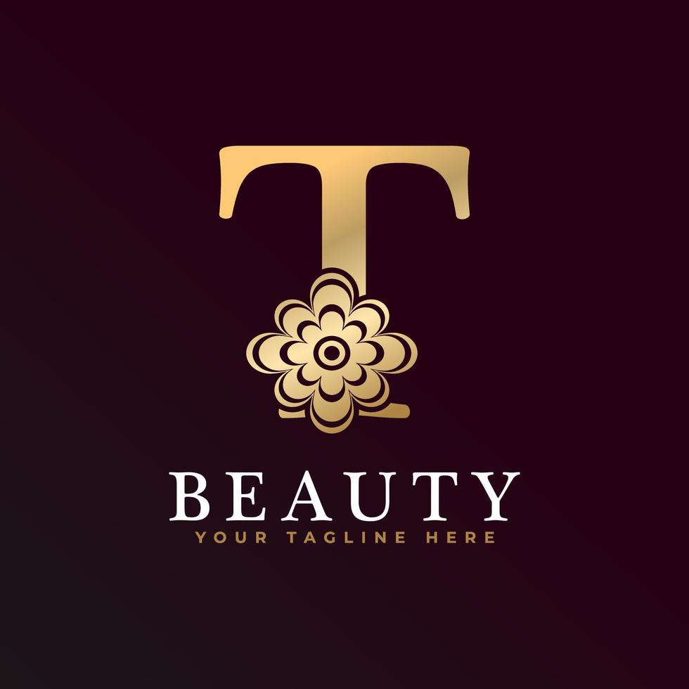 Elegant T Luxury Logo. Golden Floral Alphabet Logo with Flowers Leaves. Perfect for Fashion, Jewelry, Beauty Salon, Cosmetics, Spa, Boutique, Wedding, Letter Stamp, Hotel and Restaurant Logo. vector