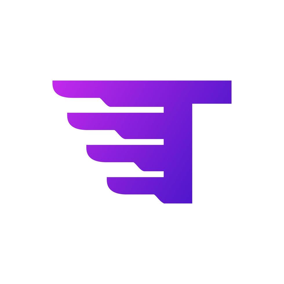 logotipo de entrega de la letra t inicial de envío rápido. forma de degradado púrpura con combinación de alas geométricas. vector