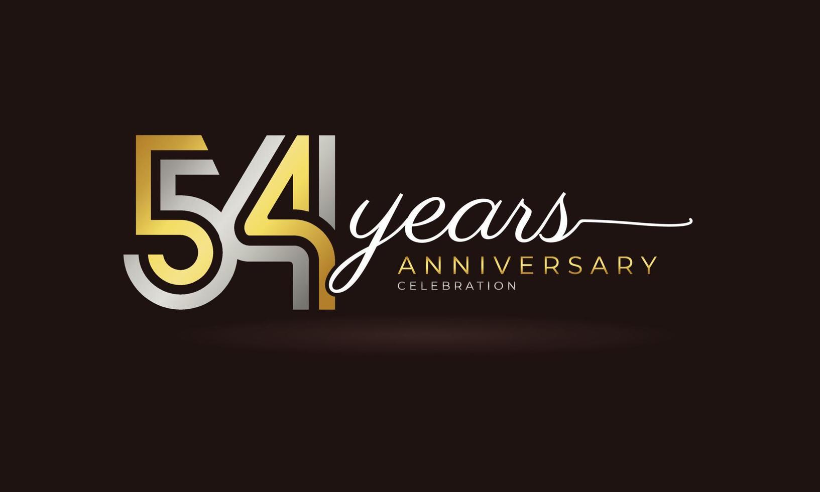 54 Year Anniversary Celebration Logotype with Linked Multiple Line Silver and Golden Color for Celebration Event, Wedding, Greeting Card, and Invitation Isolated on Dark Background vector