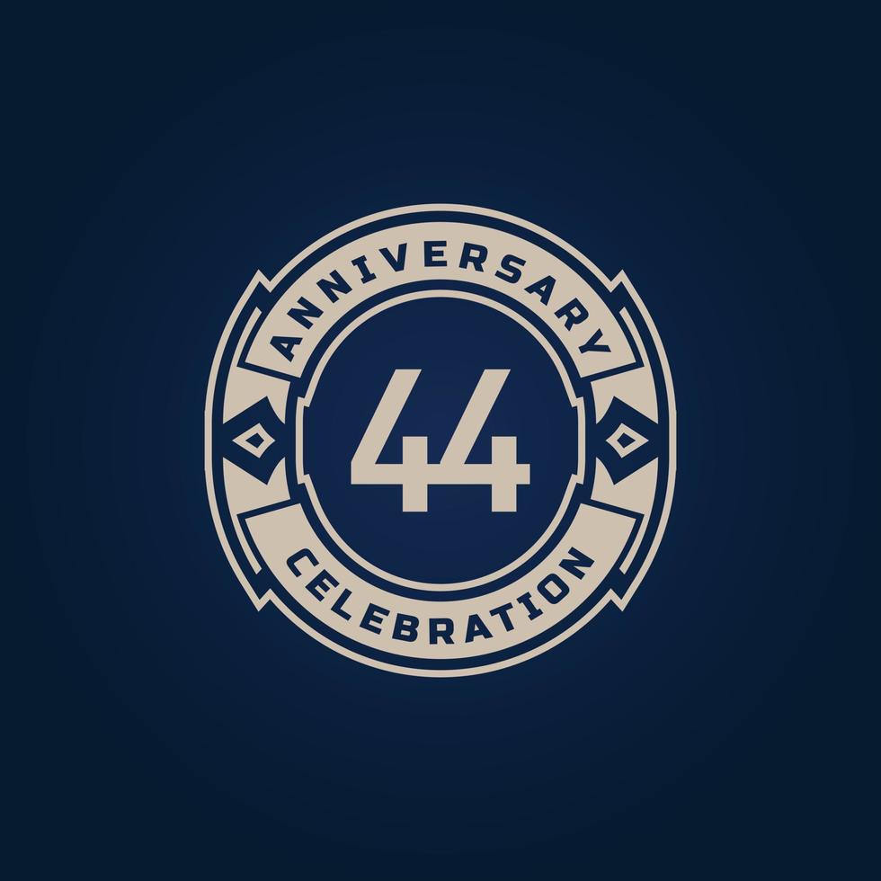44 Year Anniversary Celebration with Golden Color for Celebration Event, Wedding, Greeting card, and Invitation Isolated on Blue Background vector