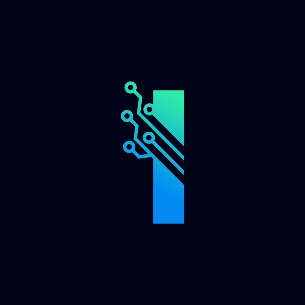 logotipo de la letra i de tecnología. plantilla de logotipo vectorial futurista con color degradado verde y azul. forma geometrica. utilizable para logotipos de negocios y tecnología. vector