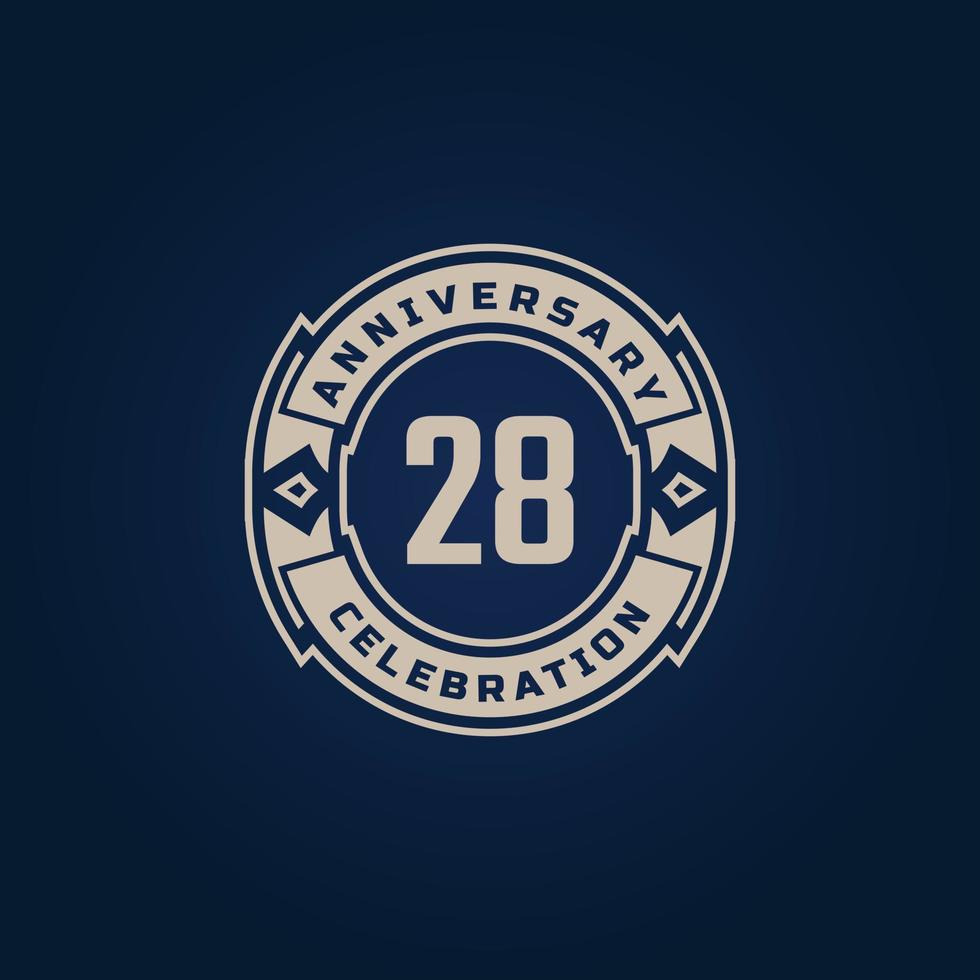 28 Year Anniversary Celebration with Golden Color for Celebration Event, Wedding, Greeting card, and Invitation Isolated on Blue Background vector