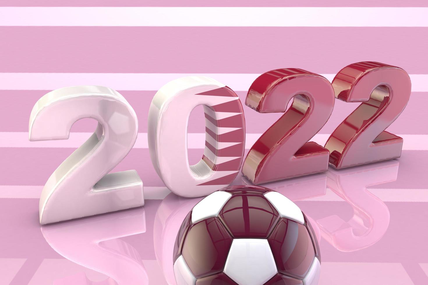 3D illustration dedicated to 2022 and football. 3D ball and numbers 2022 in burgundy and purple colors photo
