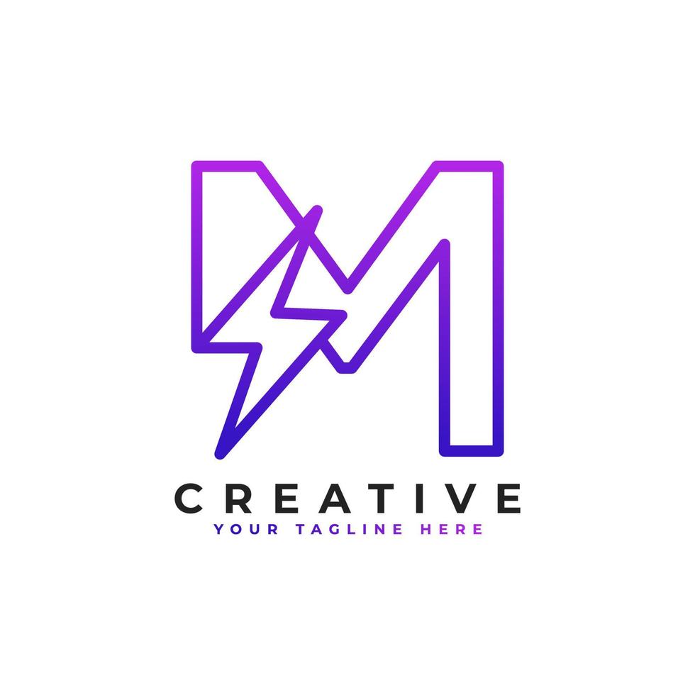 Initial Letter M Logo With Lighting Thunder Bolt in Linear Style. Alphabet Suitable for Fast, Power, Flash, Electric, Identity, Moving and Speed. vector