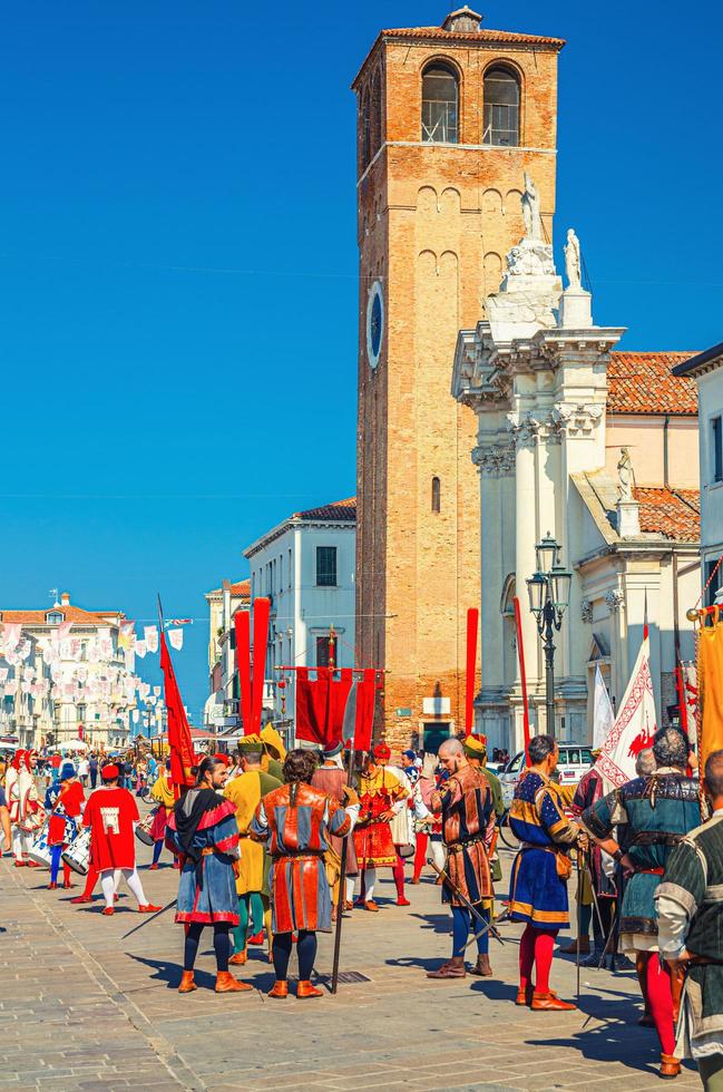 Actors take part in film shooting, mass scene movie making in street of historical town centre Chioggia photo