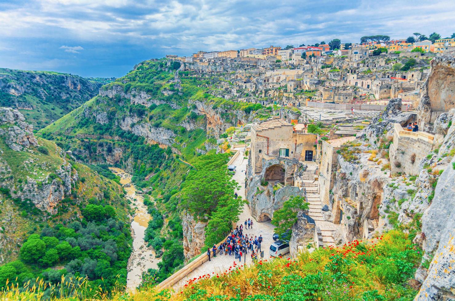 Matera town with canyon and Sassi Caveoso old historical centre with stone houses and buildings in rock photo