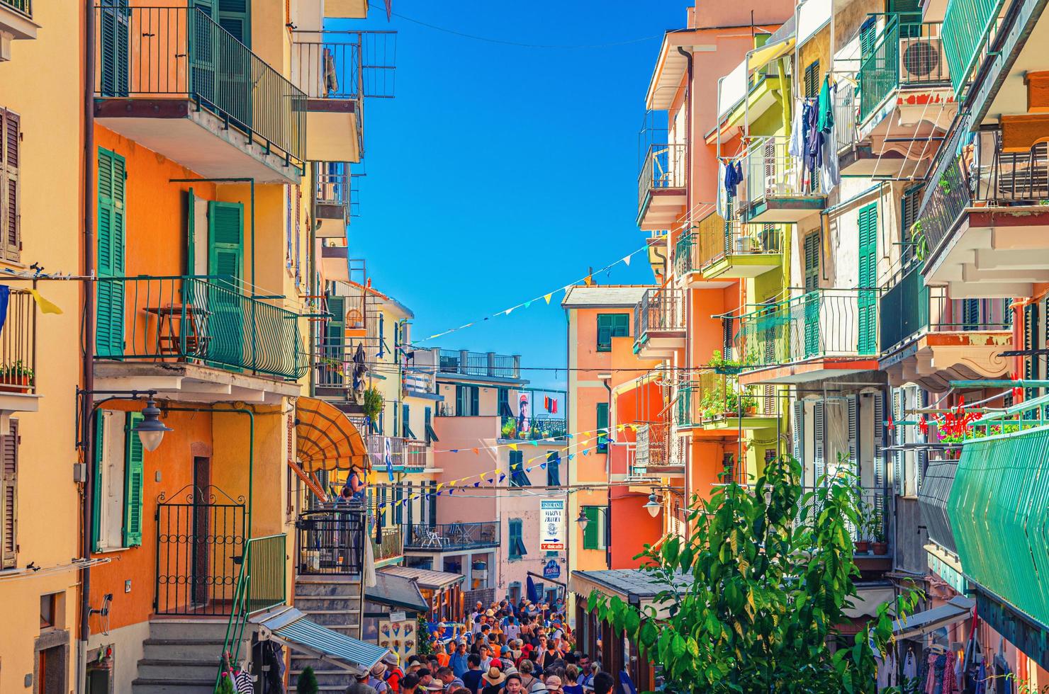 casas de edificios coloridos con filas de banderas, balcones, ventanas de persiana en la calle estrecha del típico parque nacional de pueblo pesquero tradicional cinque terre foto