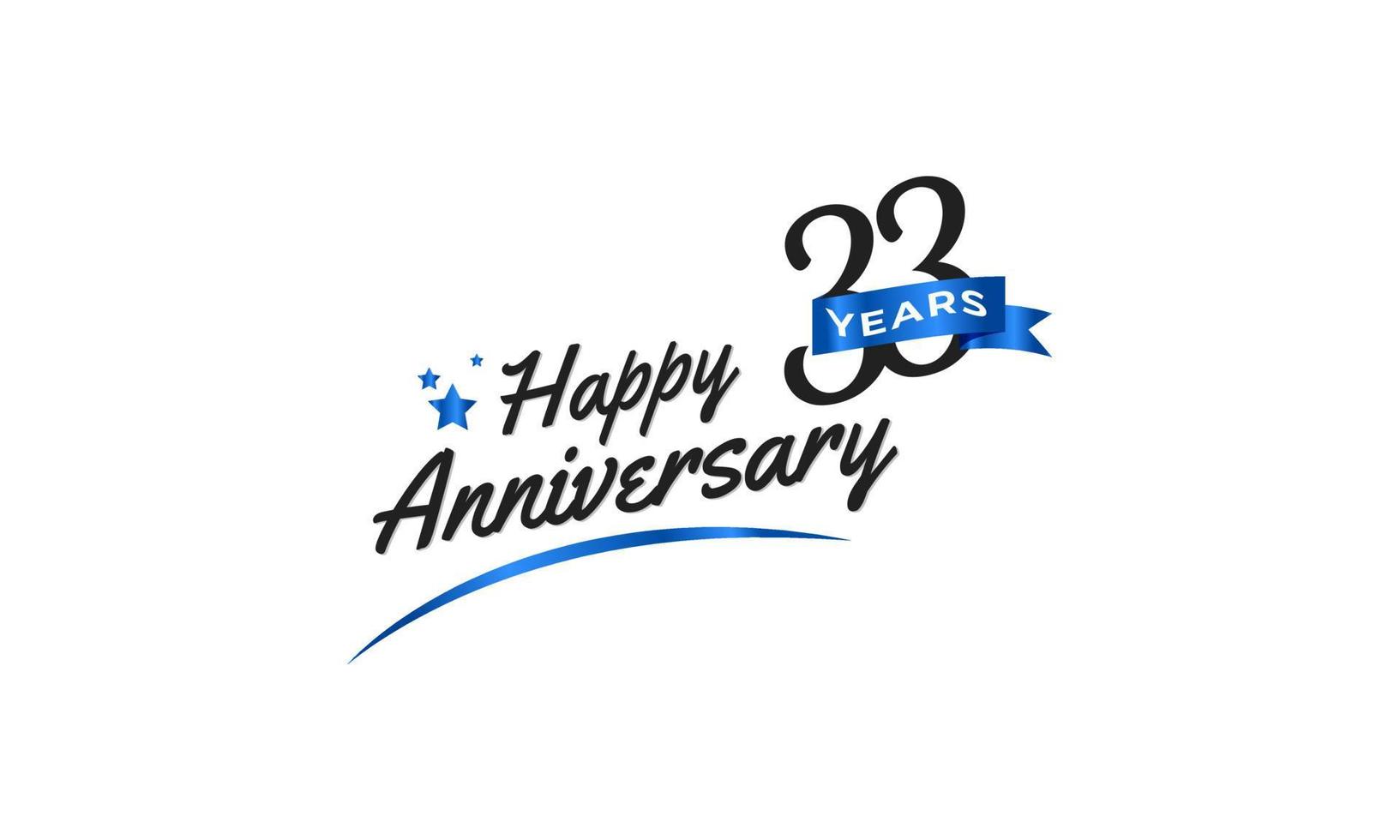 Celebración del aniversario de 33 años con swoosh azul y símbolo de cinta azul. saludo de feliz aniversario celebra ilustración de diseño de plantilla vector