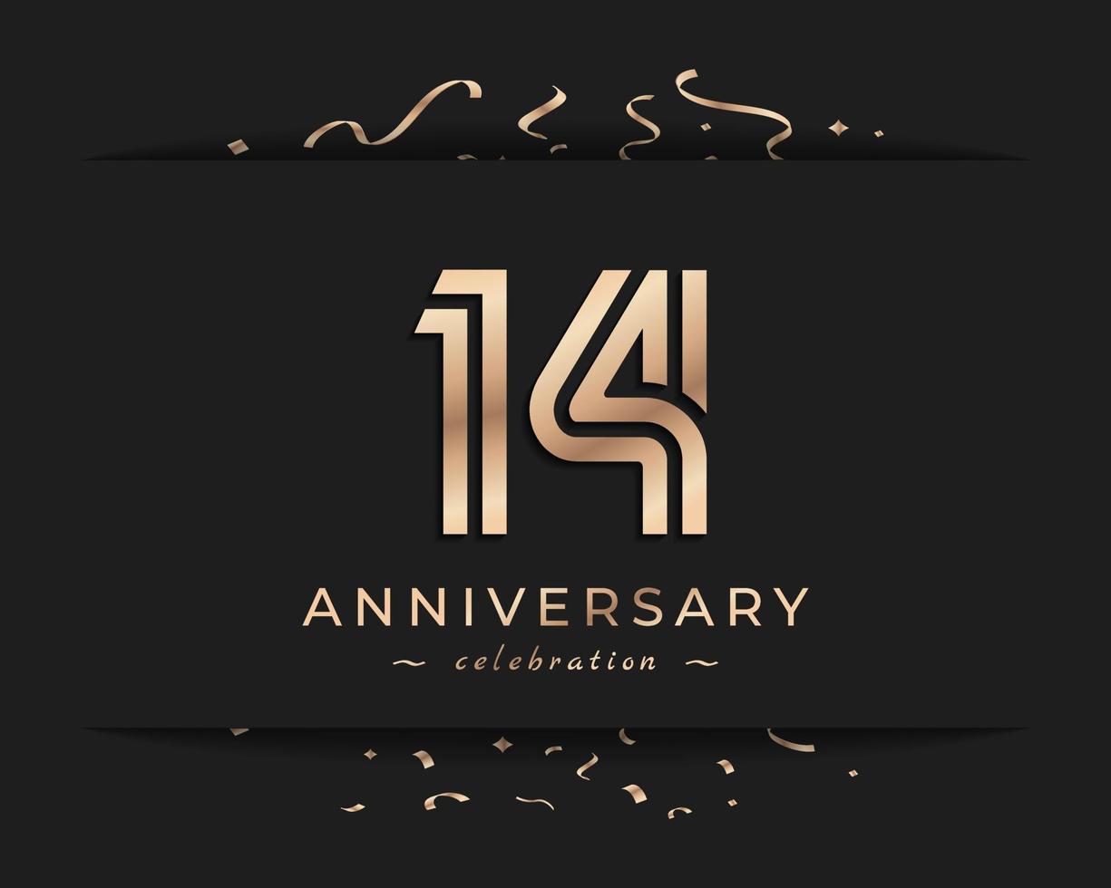 14 Year Anniversary Celebration Logotype Style Design. Happy Anniversary Greeting Celebrates Event with Golden Multiple Line and Confetti Isolated on Dark Background Design Illustration vector