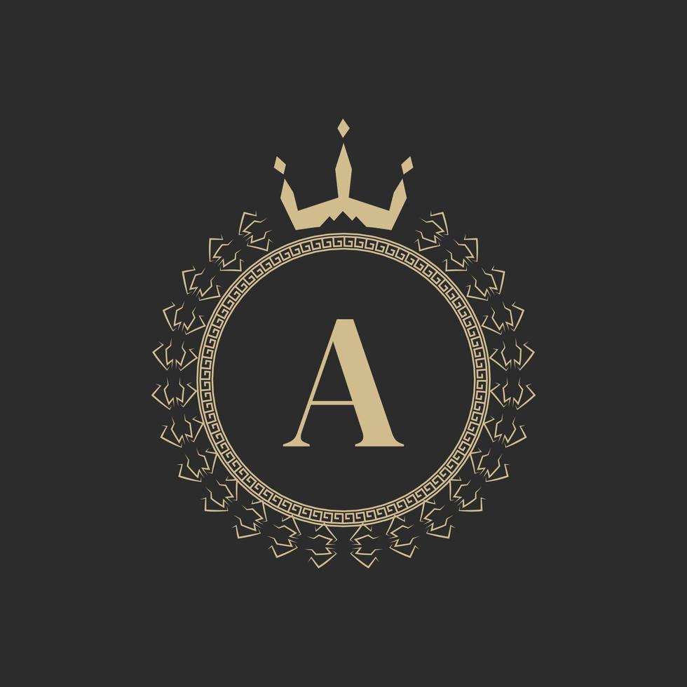 Initial Letter A Heraldic Royal Frame with Crown and Laurel Wreath. Simple Classic Emblem. Round Composition. Graphics Style. Art Elements for Logo Design Vector Illustration