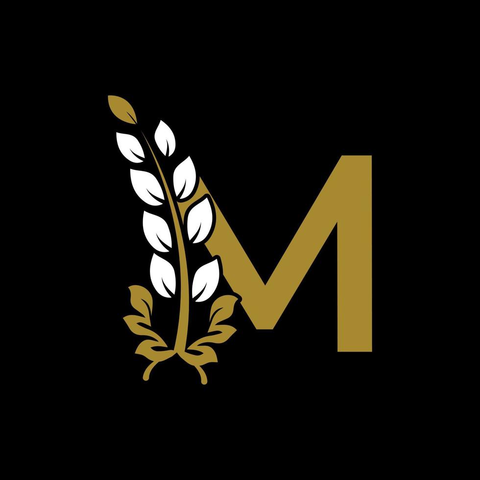 Initial Letter M Linked Monogram Golden Laurel Wreath Logo. Graceful Design for Restaurant, Cafe, Brand name, Badge, Label, luxury identity vector