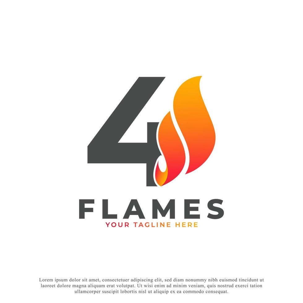 Flame with Number 4 Logo Design. Fire Vector Logo Template