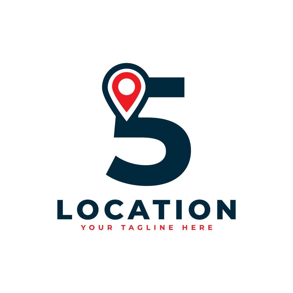 Elegant Number 5 Geotag or Location Symbol Logo. Red Shape Point Location Icon. Usable for Business and Technology Logos. Flat Vector Logo Design Ideas Template Element.