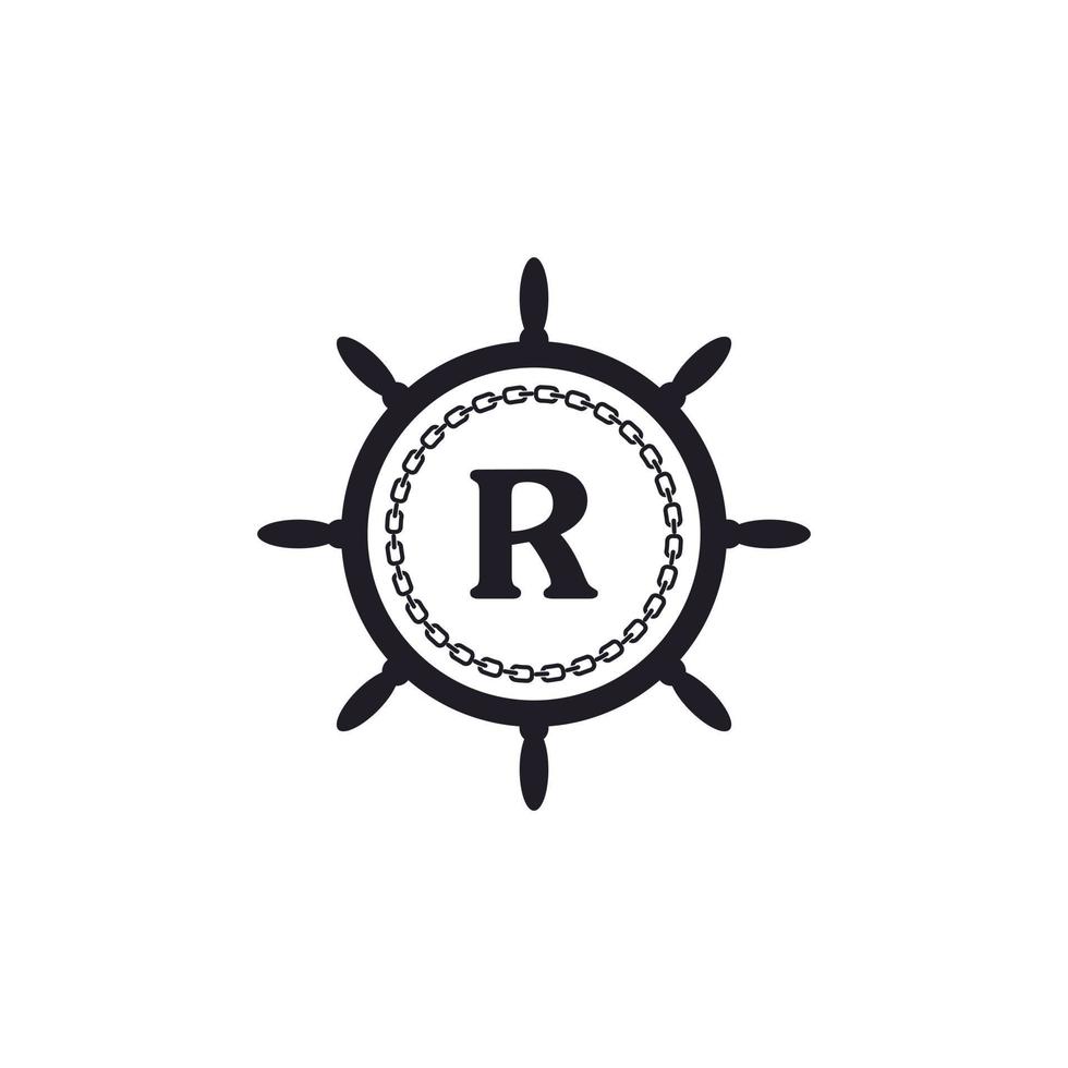 Letter R Inside Ship Steering Wheel and Circular Chain Icon for Nautical Logo Inspiration vector