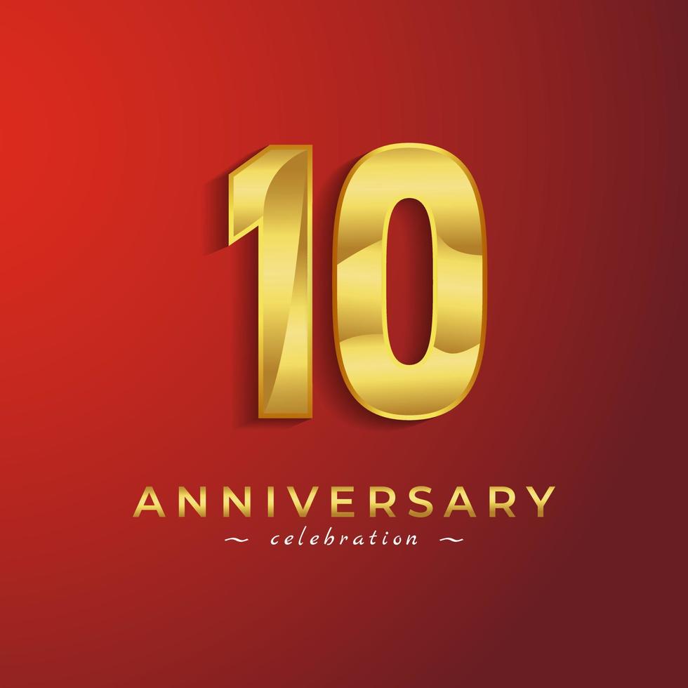 10 Year Anniversary Celebration with Golden Shiny Color for Celebration Event, Wedding, Greeting card, and Invitation Card Isolated on Red Background vector