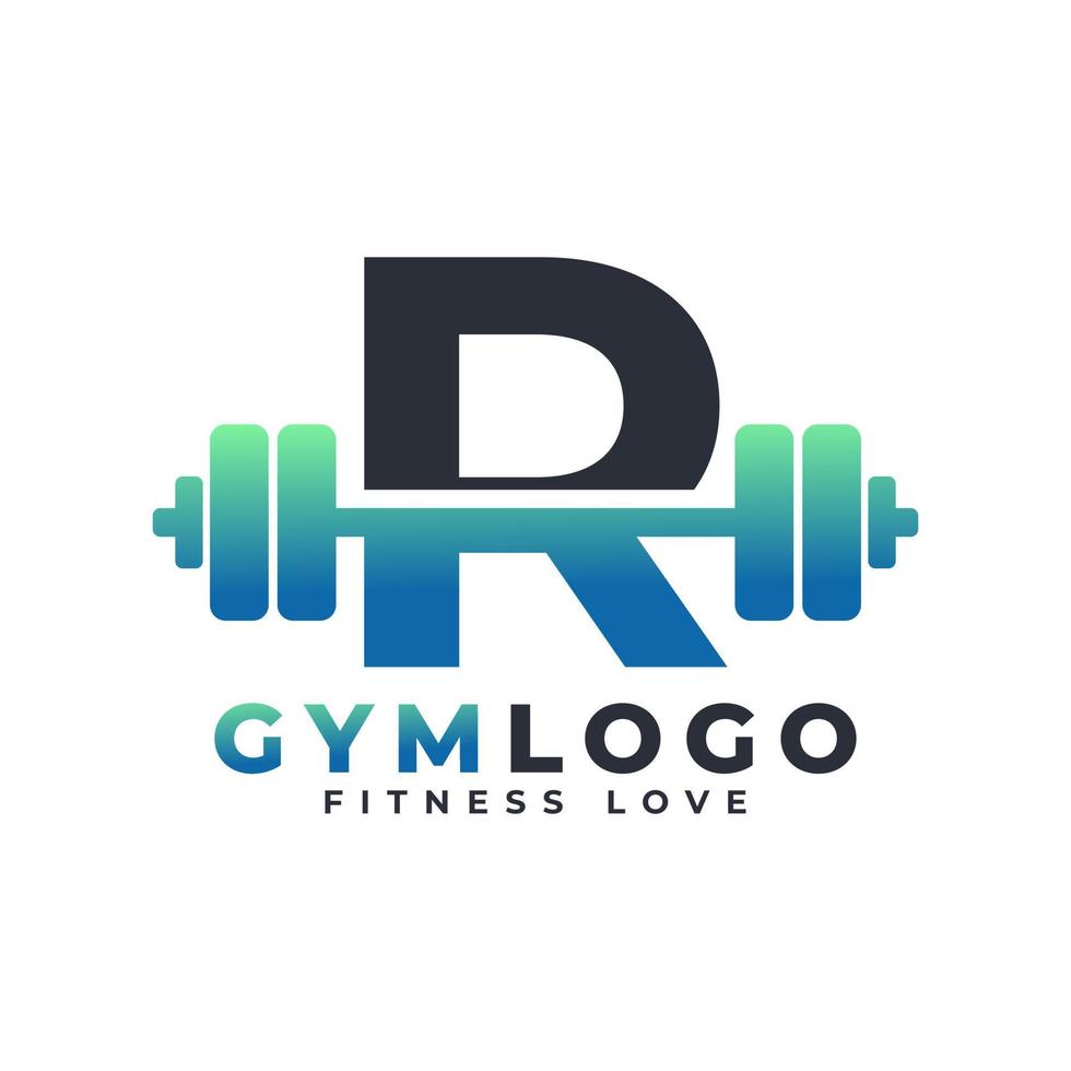 logotipo de la letra r con barra. logotipo del gimnasio de fitness. diseño de logotipo vectorial de elevación para gimnasio y fitness. plantilla de logotipo de letra del alfabeto vector