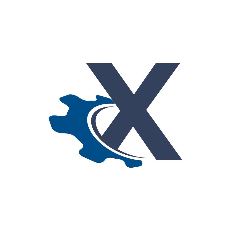letra corporativa x con diseño de logotipo de engranaje automotriz swoosh. adecuado para logotipos de construcción, automoción, mecánica e ingeniería vector