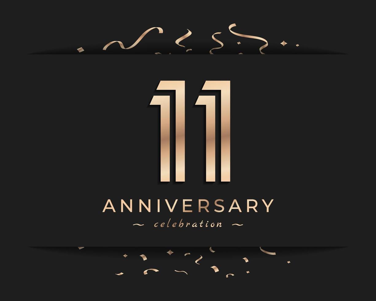 11 Year Anniversary Celebration Logotype Style Design. Happy Anniversary Greeting Celebrates Event with Golden Multiple Line and Confetti Isolated on Dark Background Design Illustration vector
