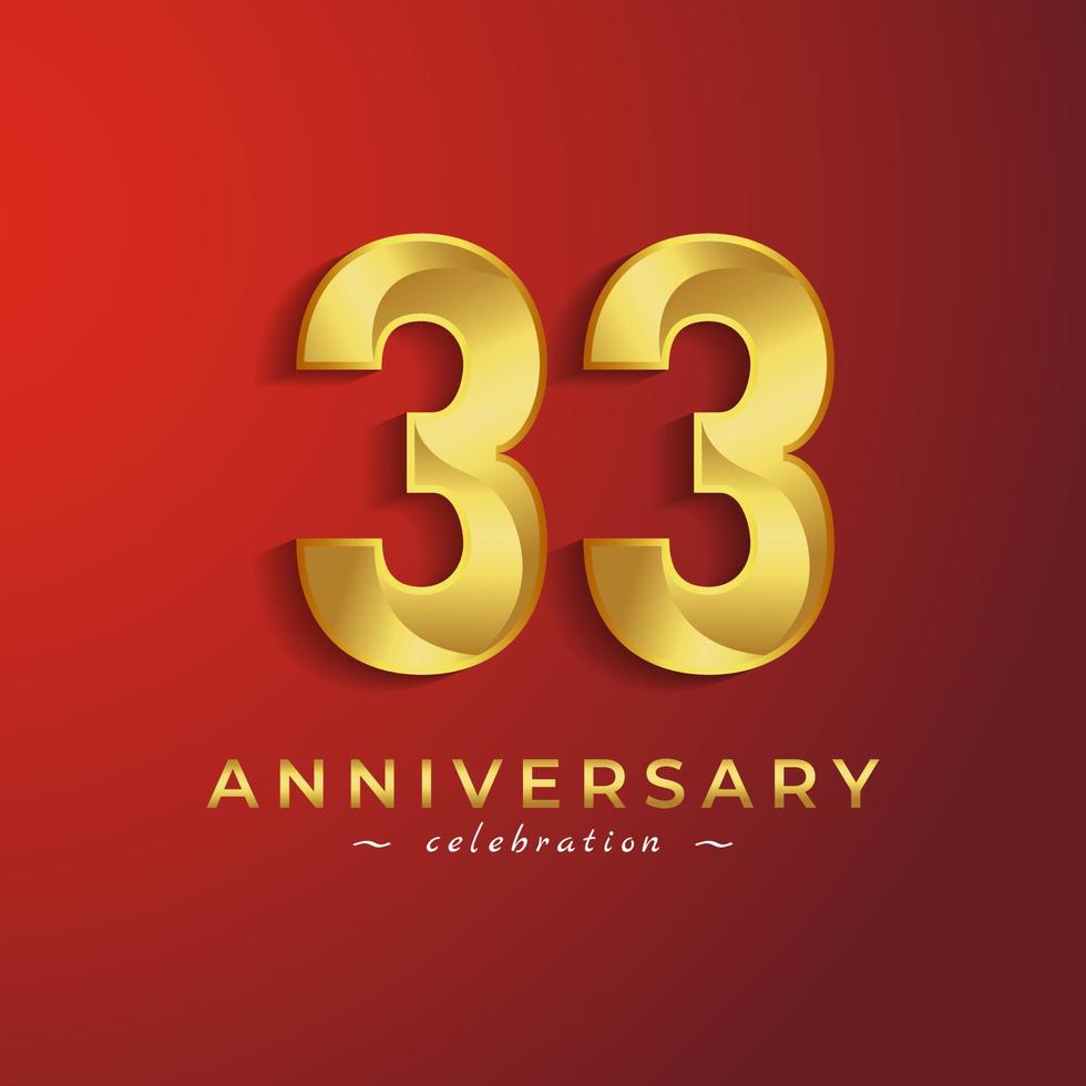 33 Year Anniversary Celebration with Golden Shiny Color for Celebration Event, Wedding, Greeting card, and Invitation Card Isolated on Red Background vector