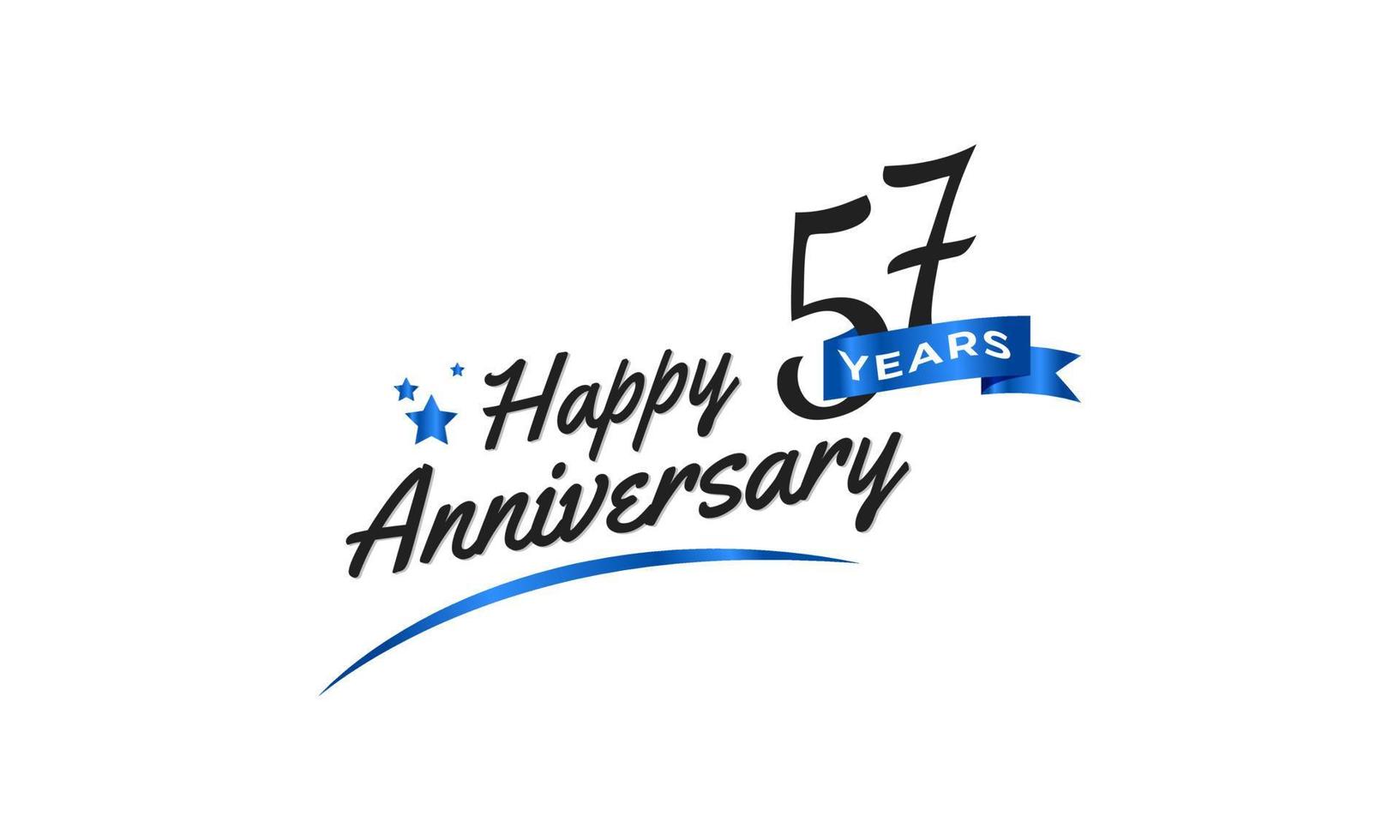 57 Year Anniversary Celebration with Blue Swoosh and Blue Ribbon Symbol. Happy Anniversary Greeting Celebrates Template Design Illustration vector