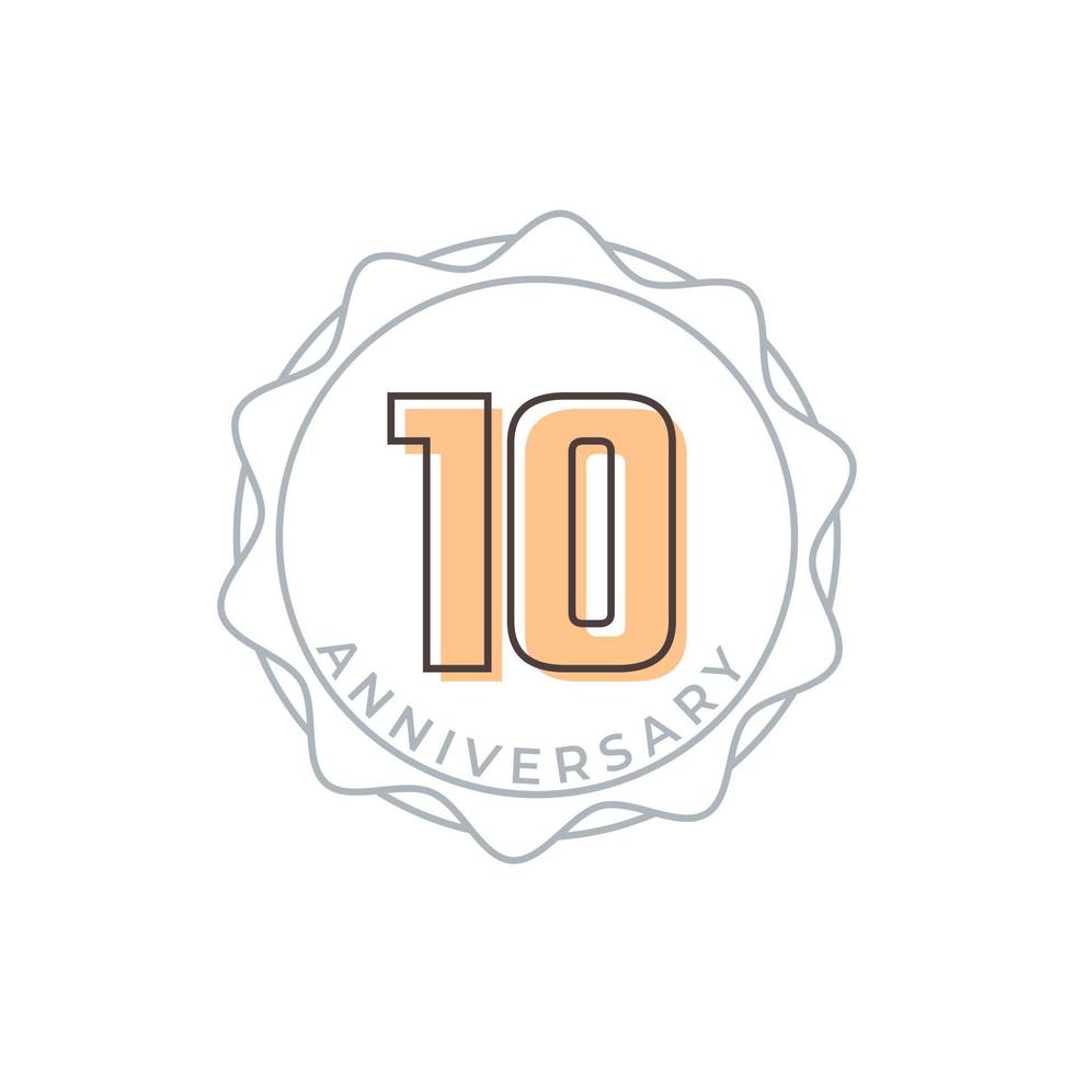Insignia de vector de celebración de aniversario de 10 años. saludo de feliz aniversario celebra ilustración de diseño de plantilla