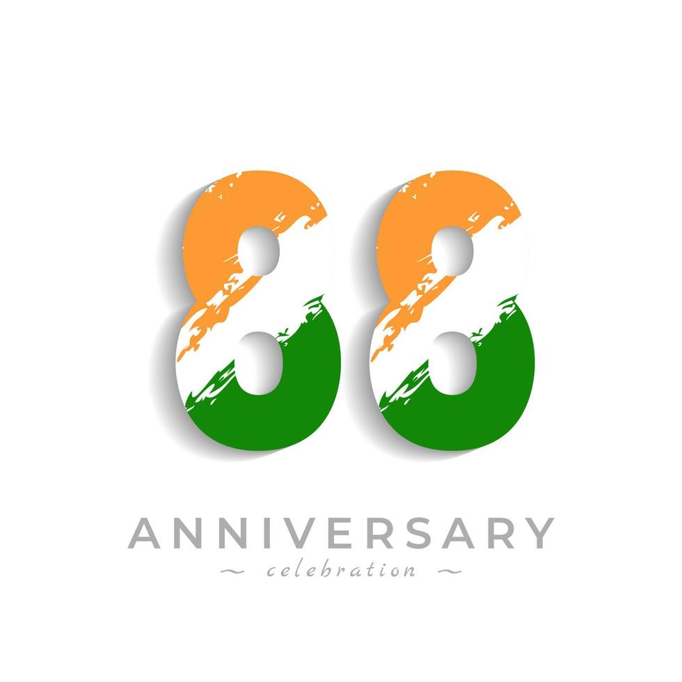 Celebración del aniversario de 88 años con barra blanca de pincel en azafrán amarillo y color verde de la bandera india. saludo de feliz aniversario celebra evento aislado sobre fondo blanco vector