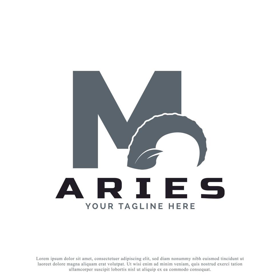 Initial Letter M with Goat Ram Sheep Horn for Aries Logo Design Inspiration. Animal Logo Element Template vector