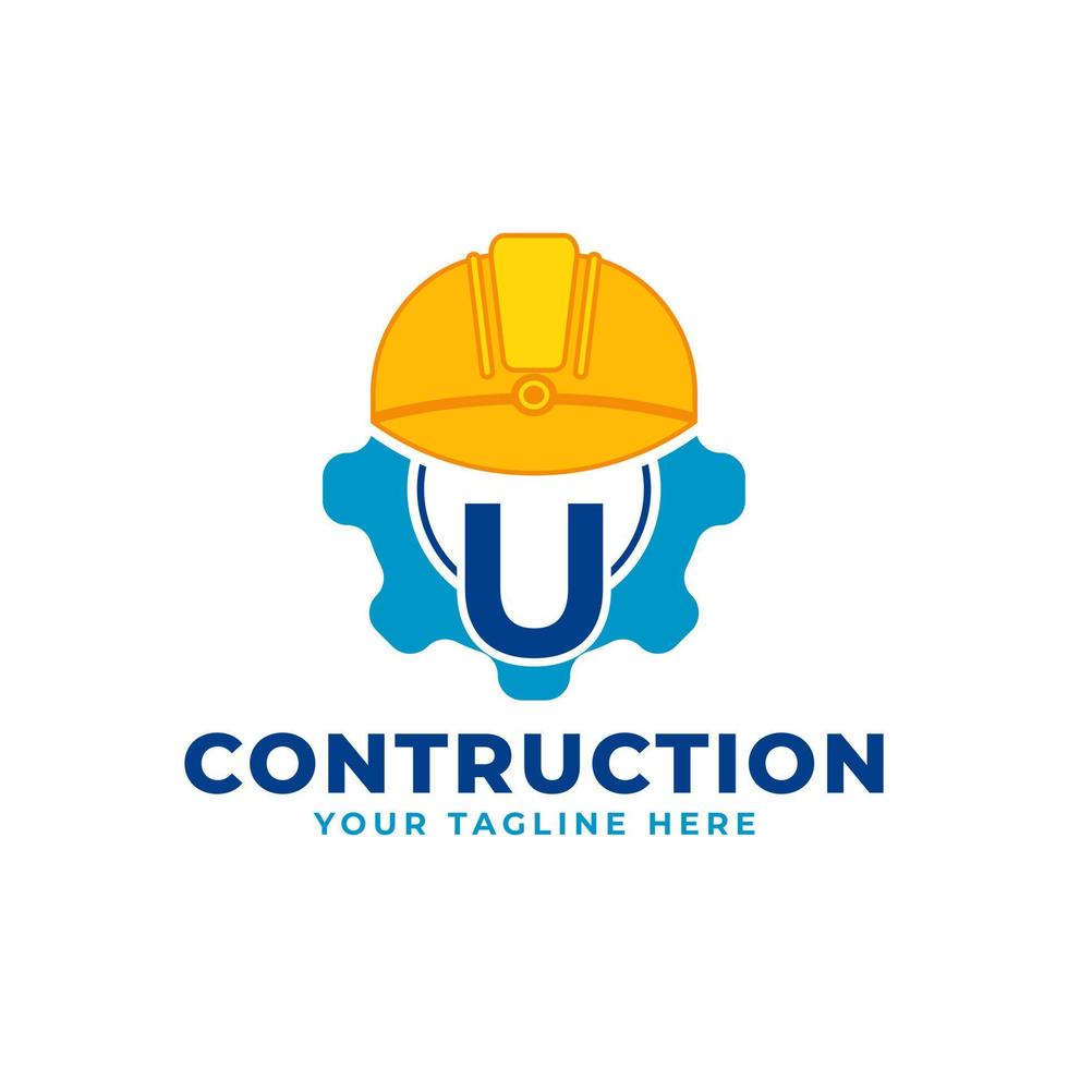 Initial Letter U with Gear and Helmet. Construction and Engineering Logo Concept vector
