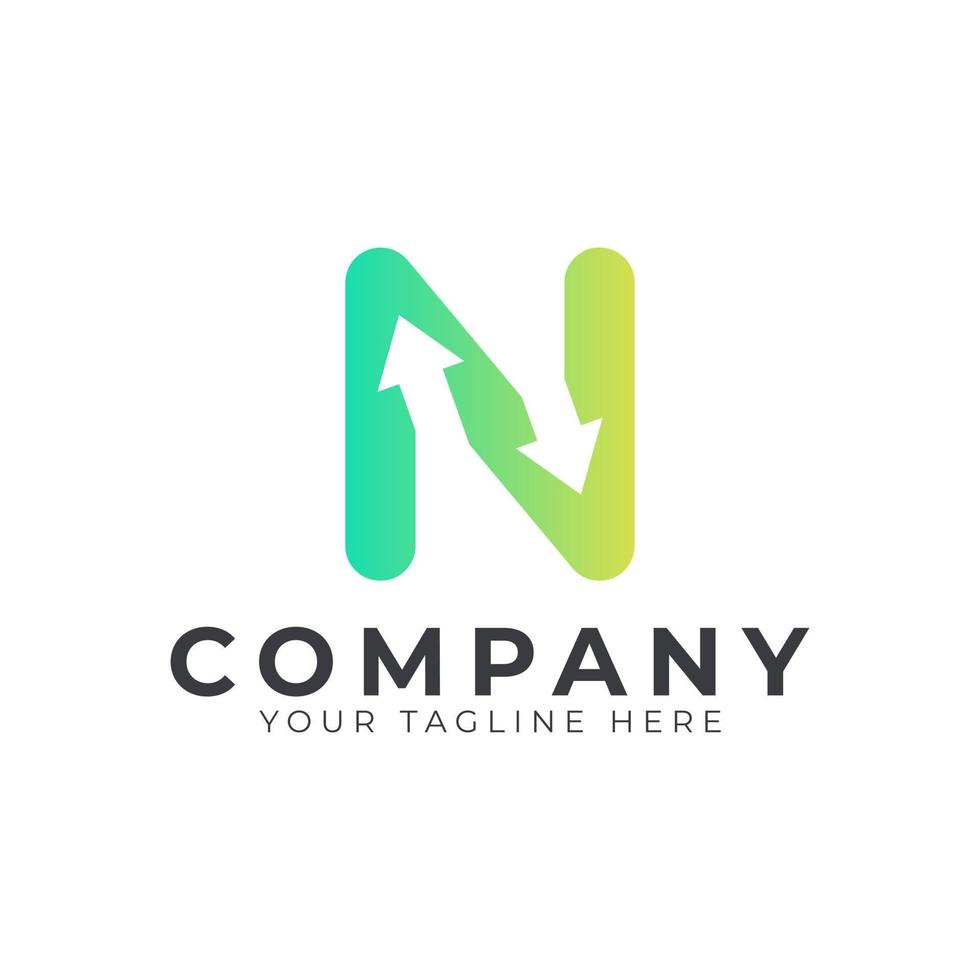 Creative Initial Letter N Logo Arrow. Yellow and Green Shape with Negative Space Arrow inside. Usable for Business and Branding Logos. Flat Vector Logo Design Ideas Template Element. Eps10 Vector