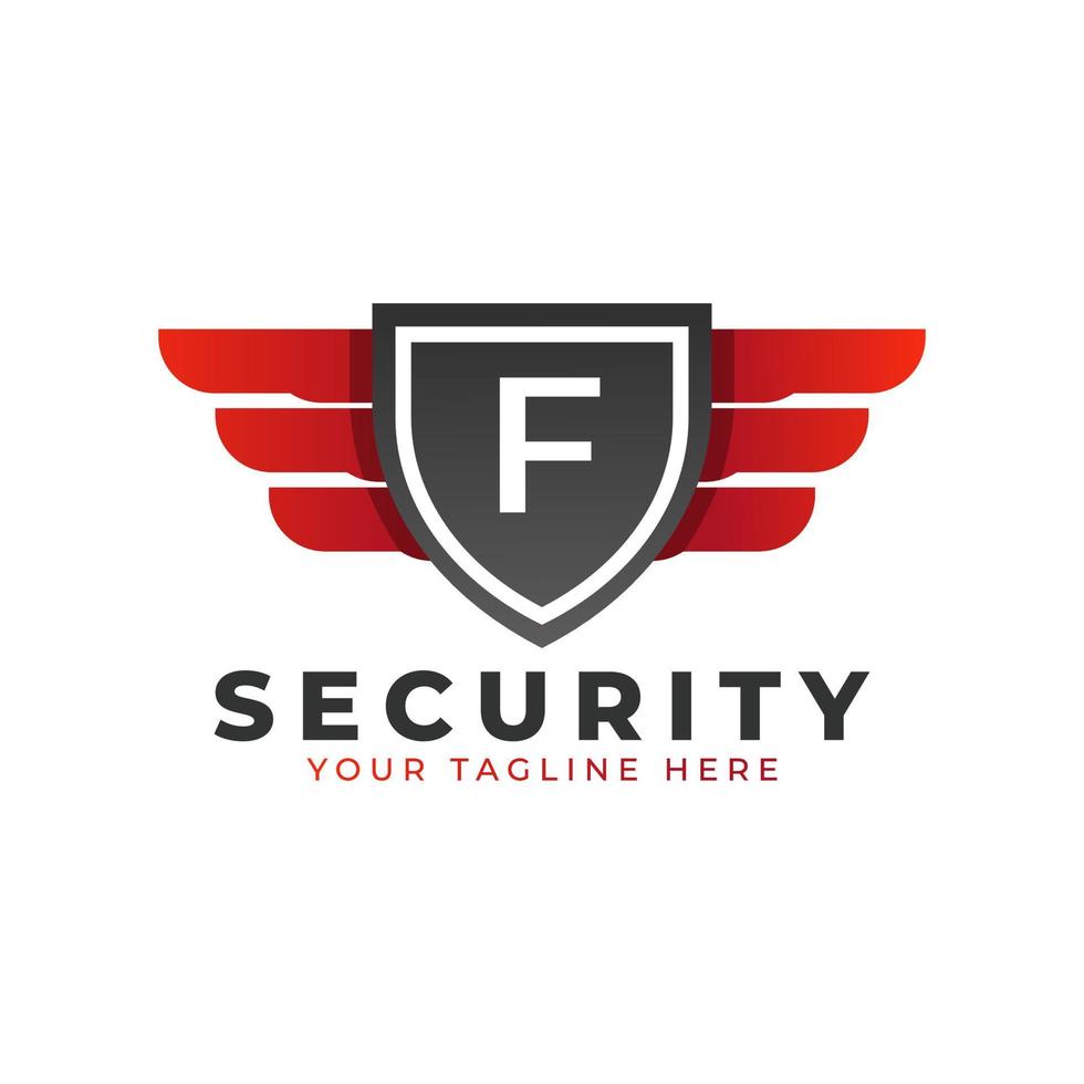 logotipo de seguridad. f inicial con alas e icono de escudo. plantilla de logotipo de vector de coche y automoción